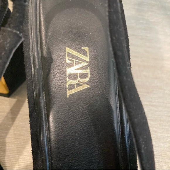 ZARA Sz 40 Pointy Toe  Faux Suede Golden Inside Squarish Heel Slingback Shoes - Picture 6 of 11